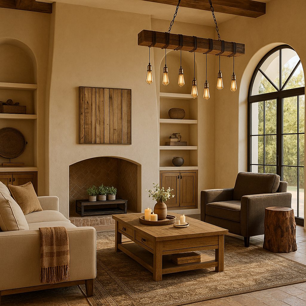 The same living room fully furnished in a warm rustic style, after