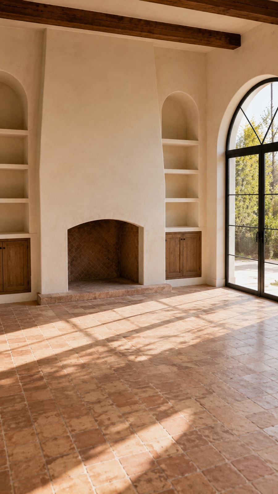 Empty Mediterranean living room with arched shelving and fireplace, before